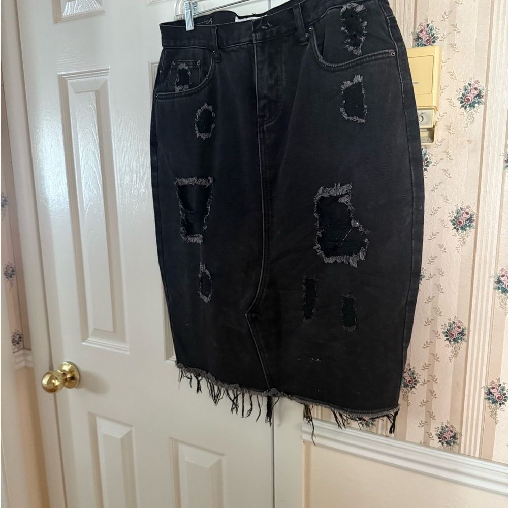 Distressed Black Denim Skirt